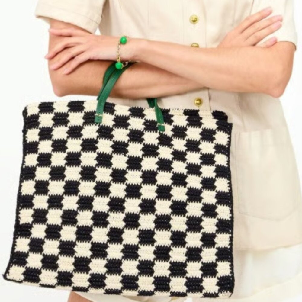 Clare V Summer Simple Tote Black/Cream Crochet Checker